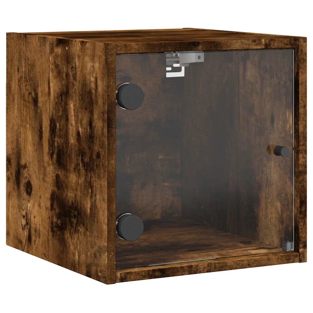 Comodino con Anta in Vetro-Tavolino da notte Rovere Fumo 35x37x35 cm