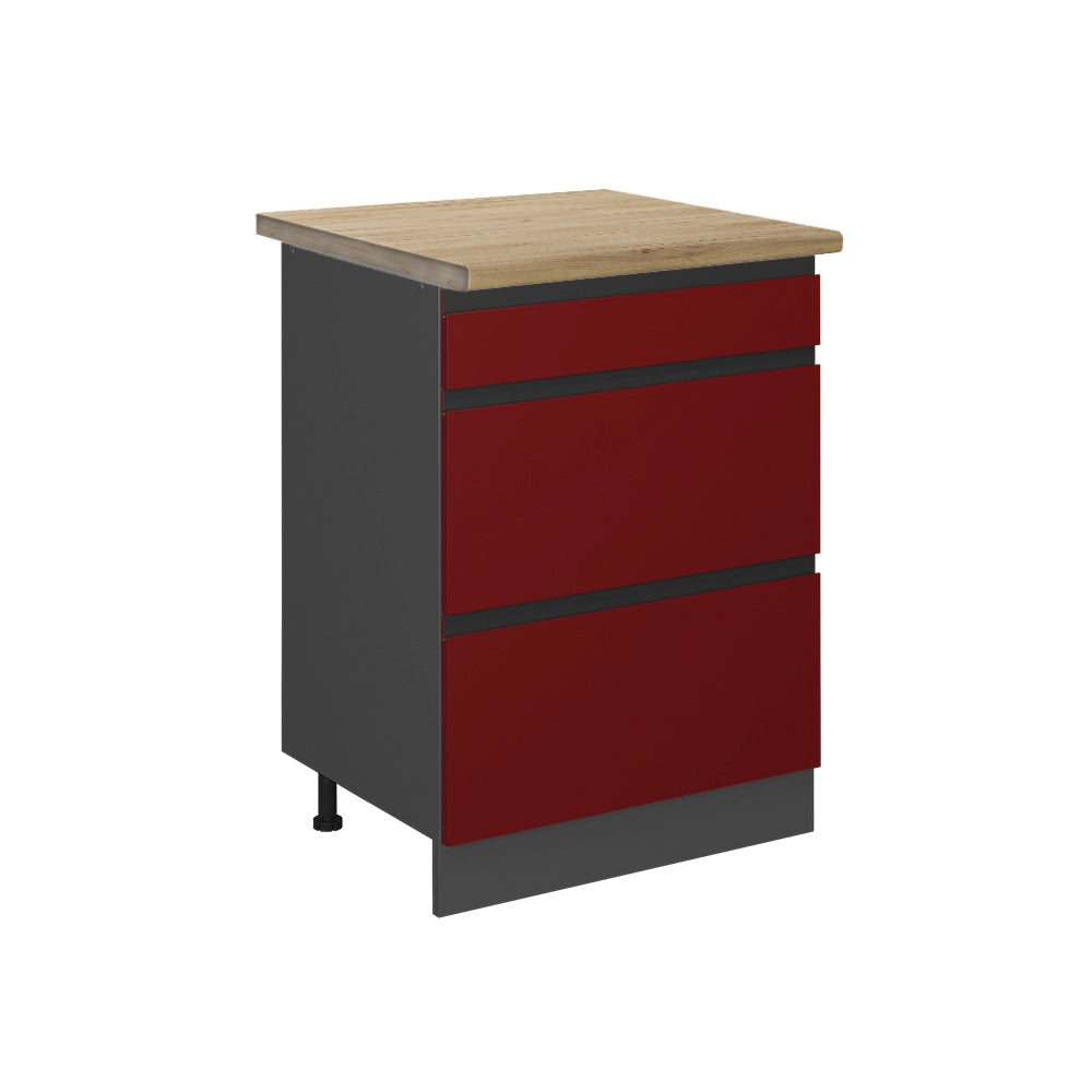Vicco Mobiletto base per cucina Rosso 60 cm con cassetti, PL Rovere