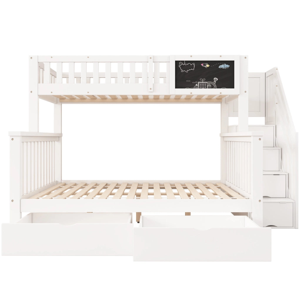 Letto a castello per bambini con lavagna e cassetti; 90x200 + 140x200; bianco