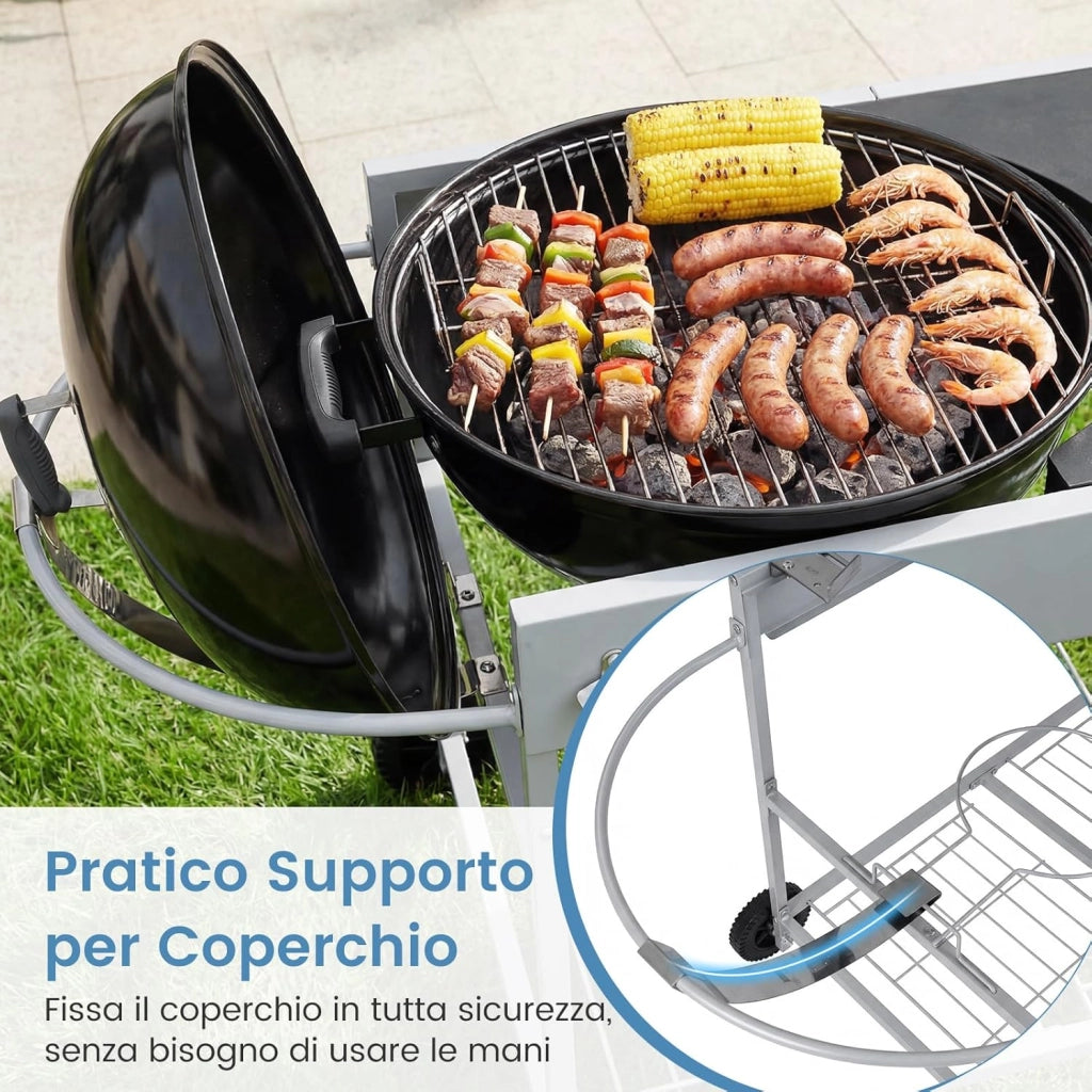 Carrello per Barbecue da Esterno, Tavolo Mobile per Barbecue con Ripiano a Rete, Porta Spezie, Portarotolo e Supporto per Sacchetti, Carrello da Cucina in Acciaio Inox, 141 x 62 x 80 cm