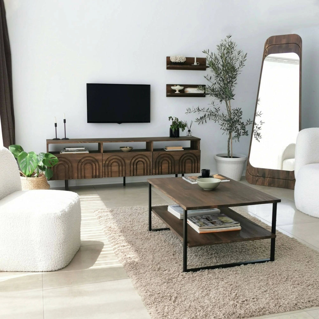 Mobile porta TV Barbania, Credenza da soggiorno, Armadio basso per TV, Base parete attrezzata, 170x30h40 cm, Noce
