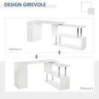Scrivania Angolare Moderna in Legno con Cassetto, Armadietto e Mensole, Arredamento per Ufficio e Casa, Bianco