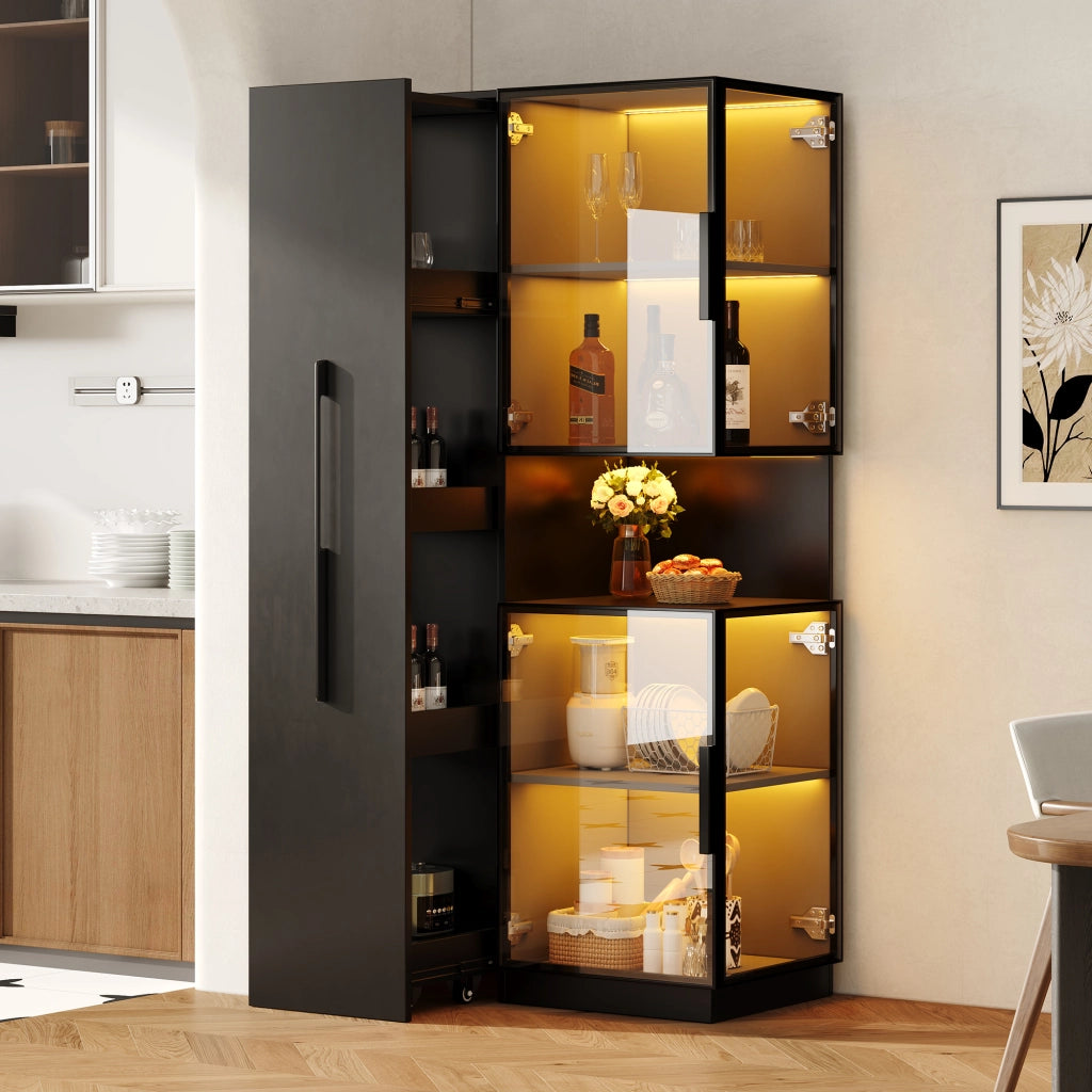 Vetrina in vetro 70×38×160 cm con ripiani estraibili, LED multicolore, MDF e vetro, colore nero