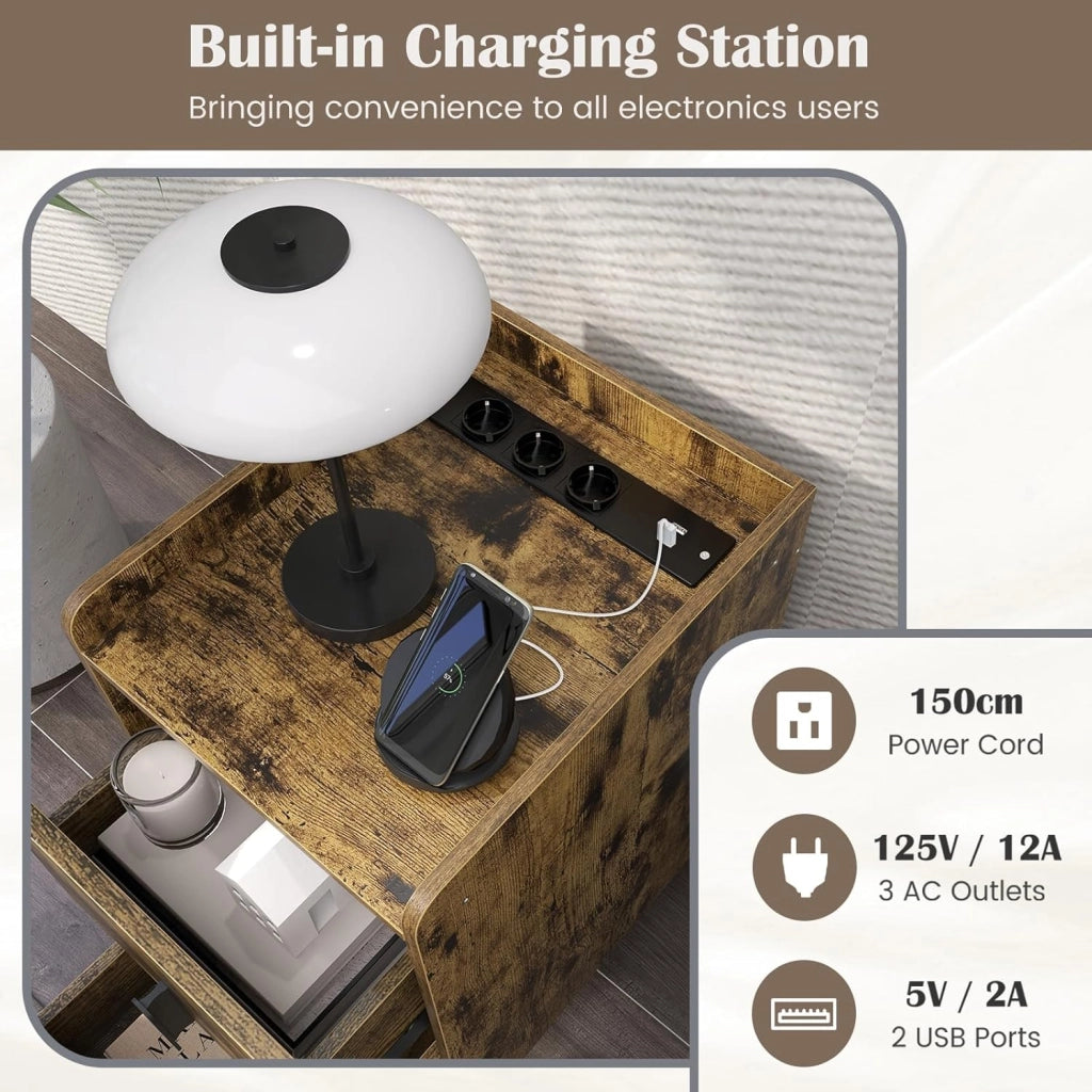 Comodino con stazione di ricarica, tavolino con 2 porte USB e 3 uscite, comodino con 2 cassetti, comodino per camera da letto, soggiorno, 32 x 40 x 60 cm (Industiral-2), QD09474