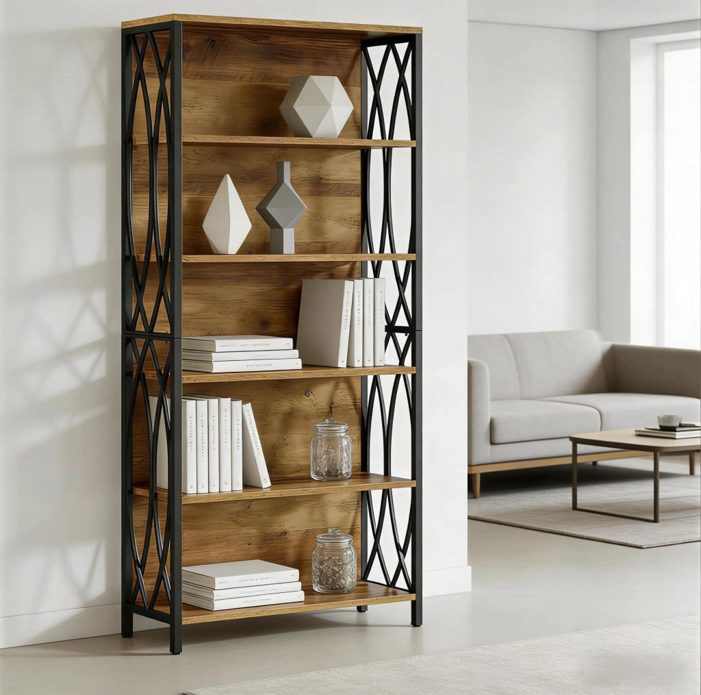 Libreria alta con struttura in metallo e ripiani in MDF, nero e marrone