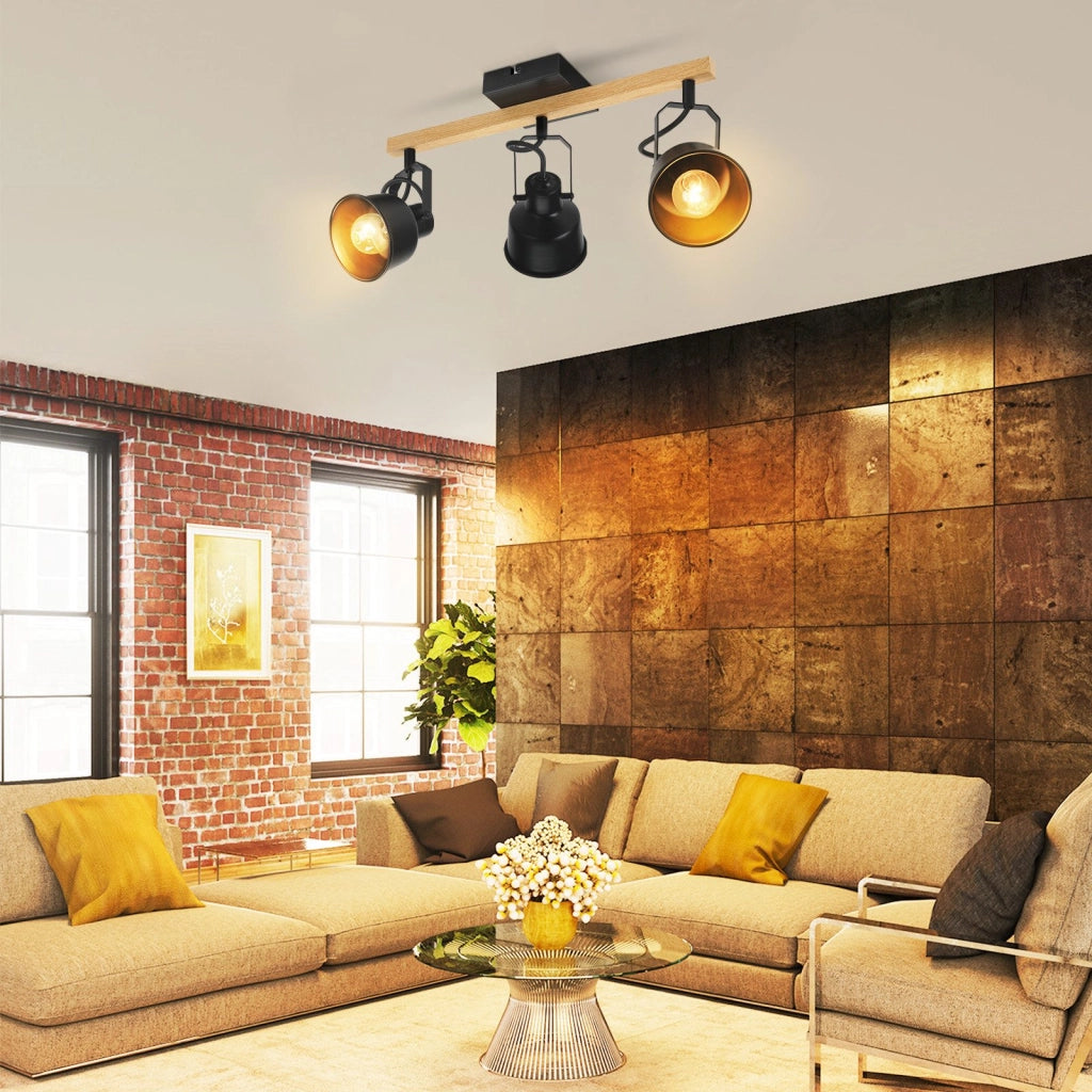 ZMH Faretto da Soffitto Vintage 3 Lampade Nero 25W Attacco E14 Industriale Venatura Legno per Soggiorno Senza Lampadine