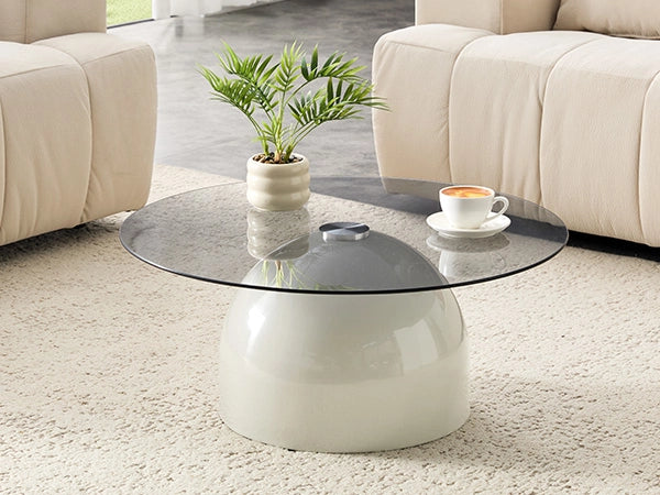 Tavolino basso rotondo con piano in vetro temperato e base semisferica antiscivolo, grigio Ø 70 × 30 cm