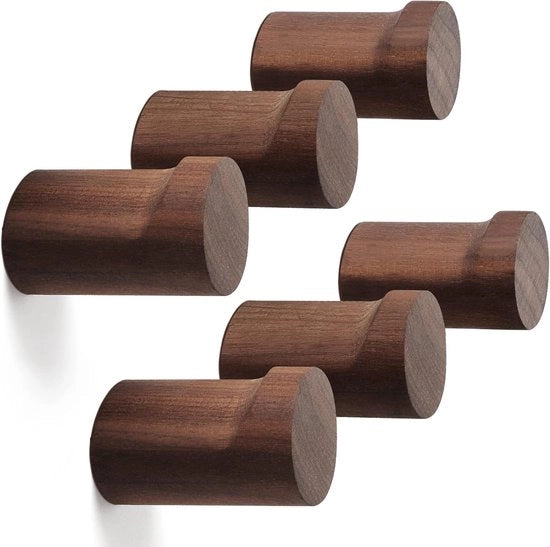 Haken per parete in legno (6 pezzi), haken per abito in legno per parete, manufatti in legno rustici per cappelli, robusti supporti per parete per la zona ingresso per l'appoggio di asciugamani, abiti e borse (legno di noce nero)