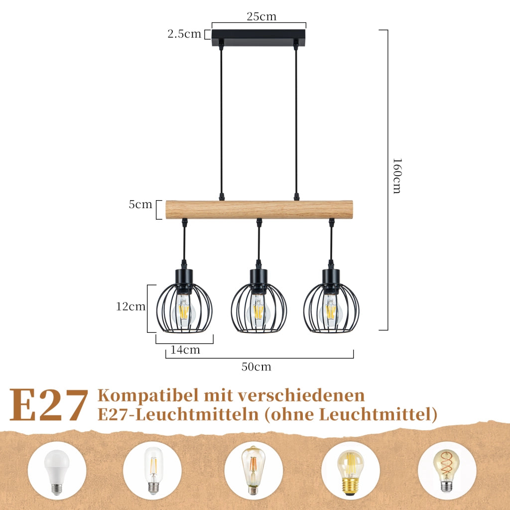 ZMH Lampada a sospensione vintage industriale E27 3 luci nera per soggiorno e sala da pranzo lampadine non incluse