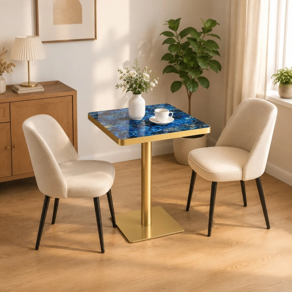 Tavolo quadrato da pranzo 60x60 cm effetto marmo; struttura in metallo; blu