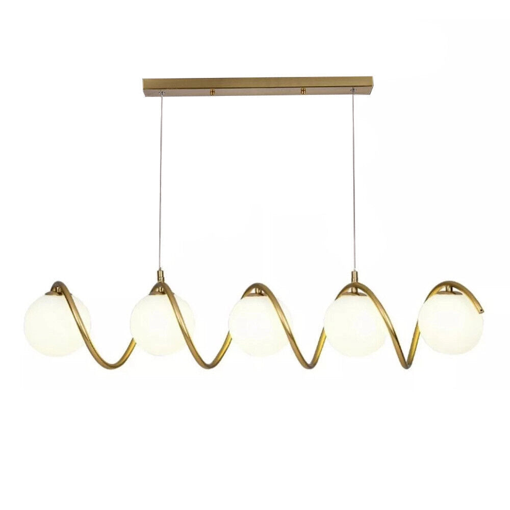 Lampadario a sospensione moderno da soffitto bronzo con 5 sfere in vetro bianco e attacco per lampadine G9