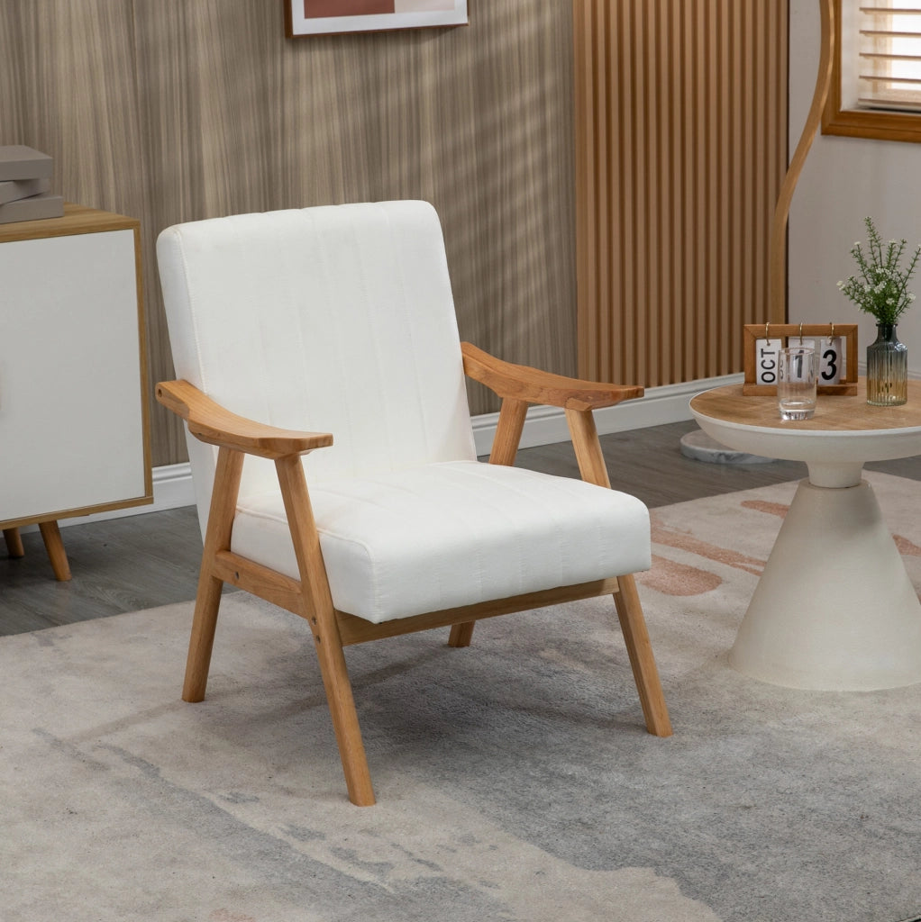 Poltrona lounge in velluto crema con braccioli, design scandinavo, 68x74x82 cm