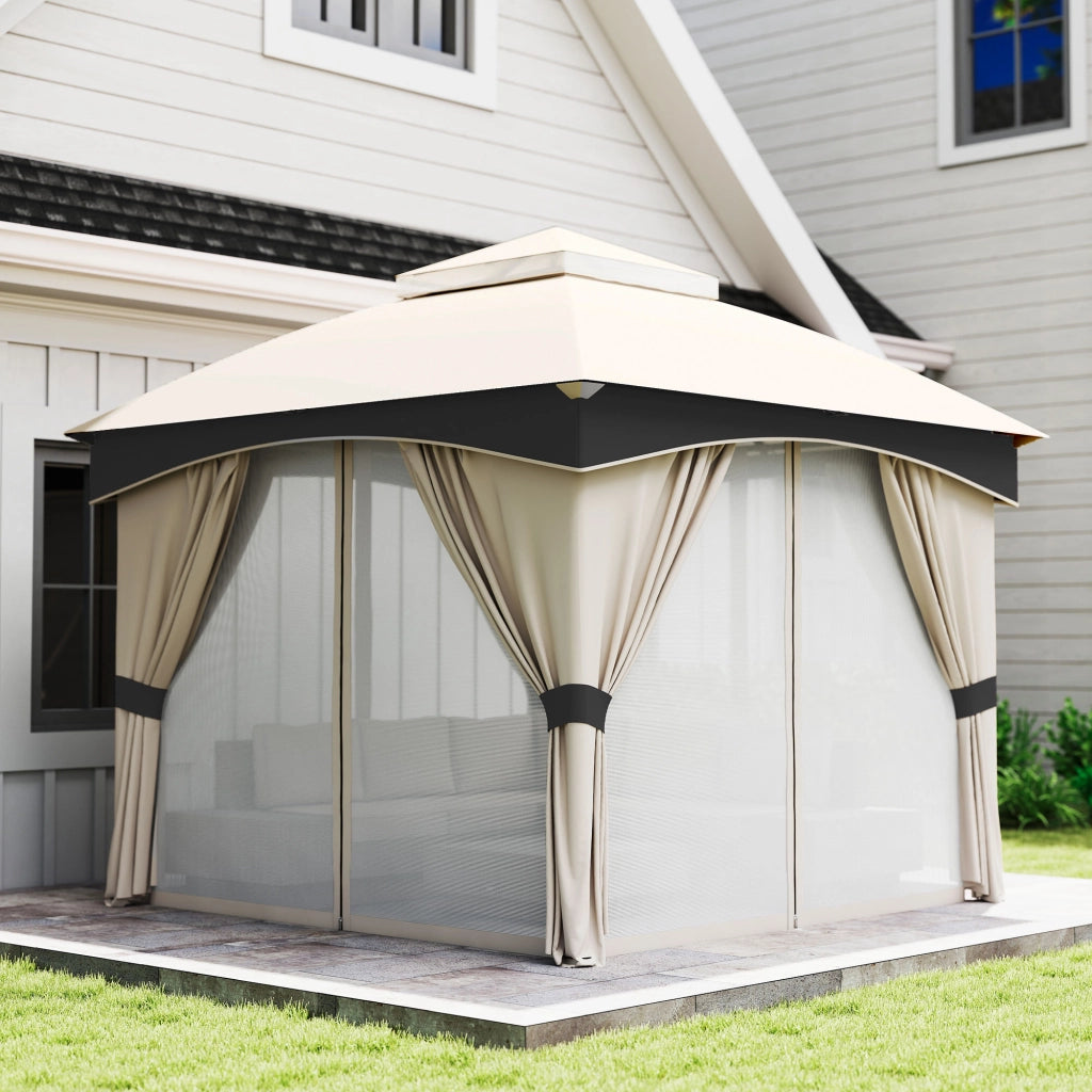 Gazebo da Giardino 3x3m ¨C zephmum ¨C Acciaio, Doppio Tettuccio, Tende, Beige e Grigio