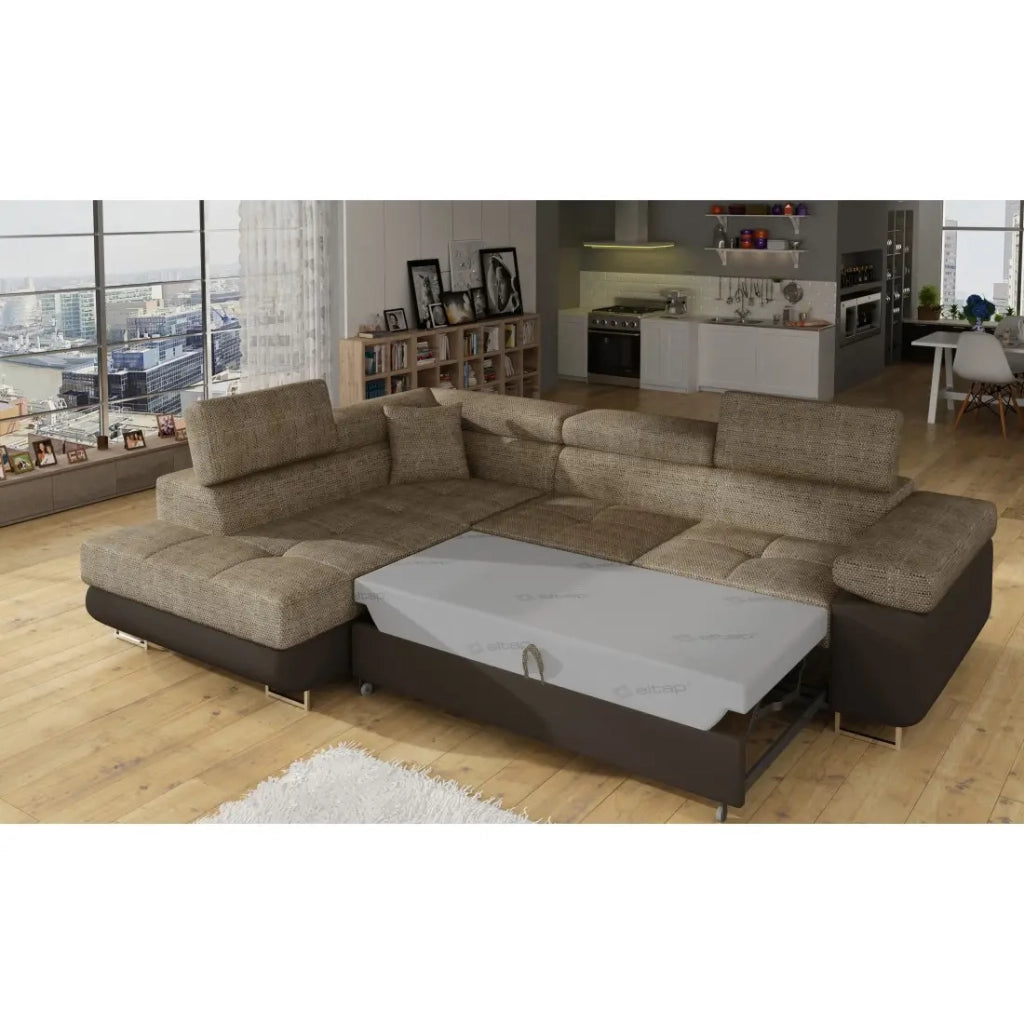 Divano angolare trasformabile MENTON beige e cioccolato bouclé – Angolo sinistro con vano contenitore
