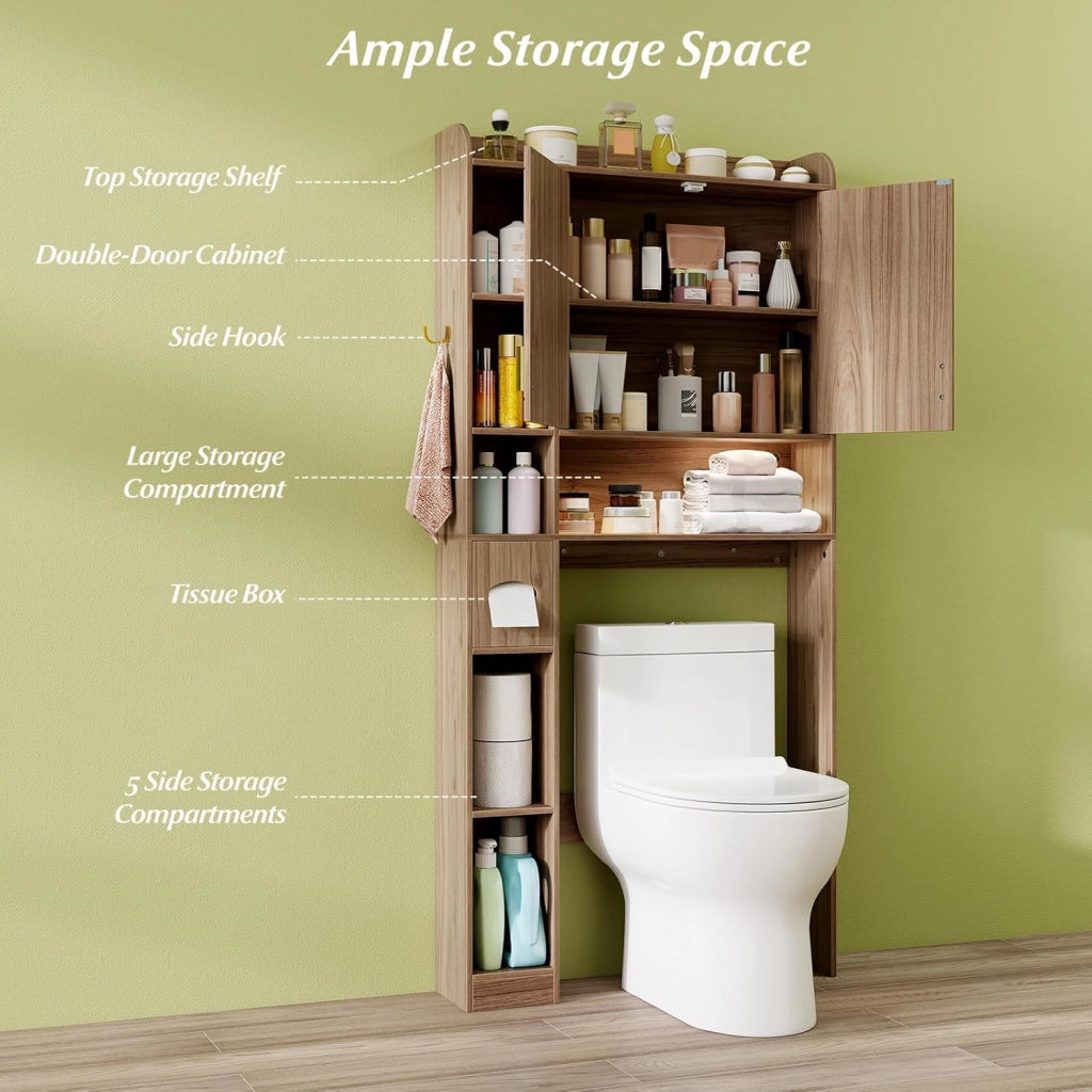 Mobile su WC con striscia luminosa, armadio da bagno con porte, ripiani aperti, supporto per carta igienica e gancio laterale, 80 x 20 x 171 cm, scaffale di stoccaggio (Grigio)