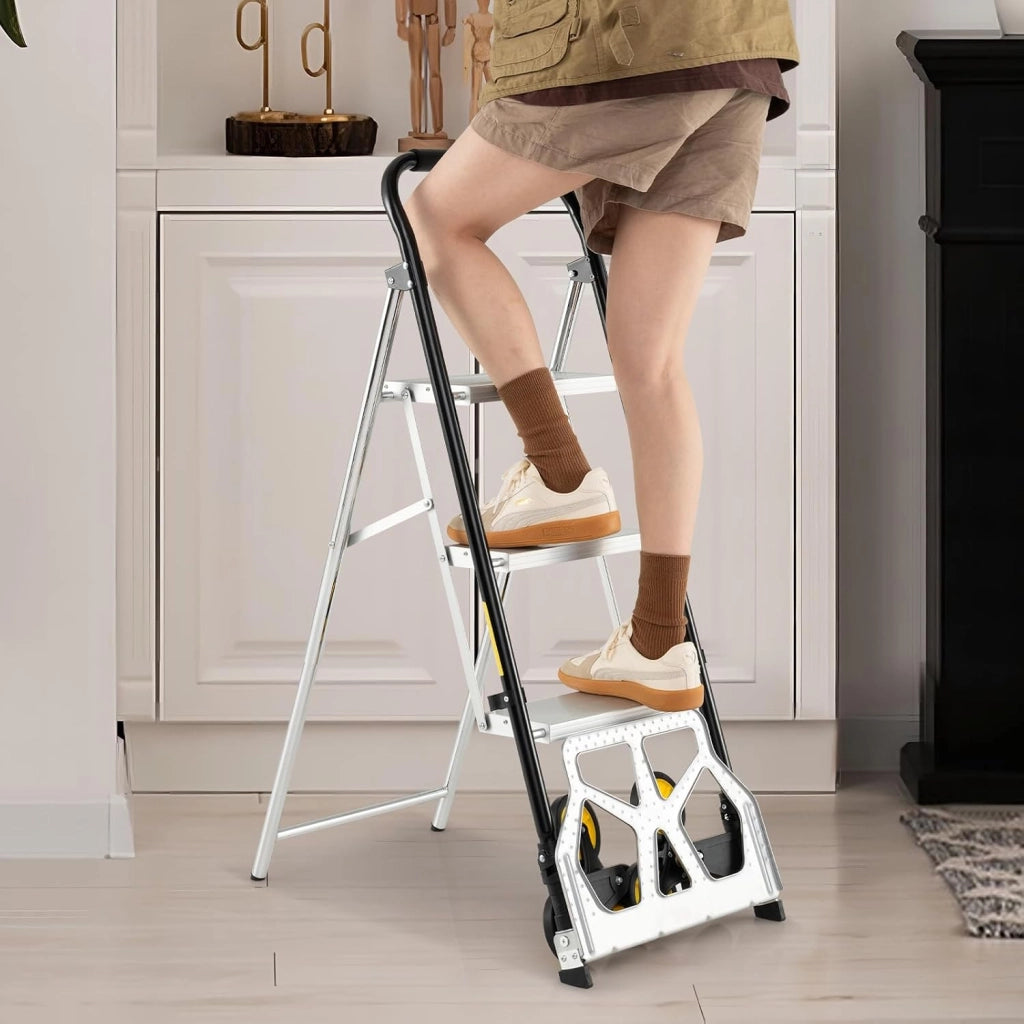 Carrello a Mano 2 in 1 e Scala, Scaletta Pieghevole a 3 Gradini in Alluminio con Ruote in Gomma e Pedali Antiscivolo, Carrello Portatile con Corrimano per Casa e Ufficio, Portata 250 kg