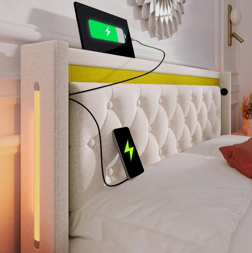Letto matrimoniale contenitore 140x200 cm con LED e ricarica USB Type-C; beige chiaro; con materasso