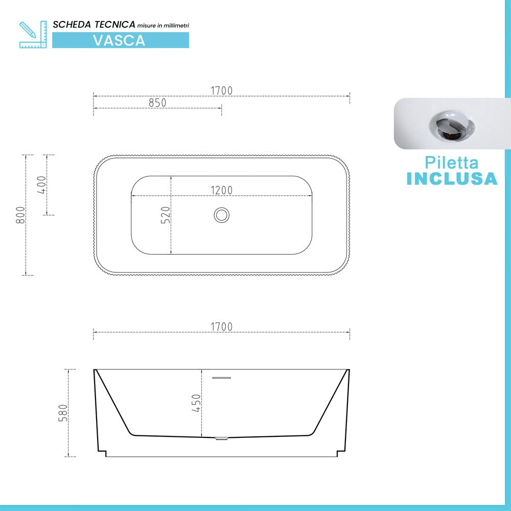 Vasca freestanding 170cm ovale con superficie cannettata in bianco lucido Venere