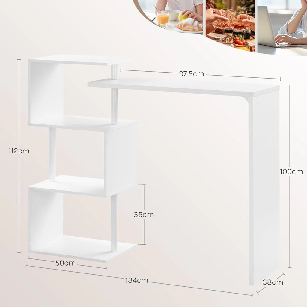 Tavolo da Bar Alto con Mensole, Bancone Casa in Metallo e Legno Bianco, con 3 Ripiani, Scrivania Girevole, per Cucina, Sala da Pranzo, Soggiorno