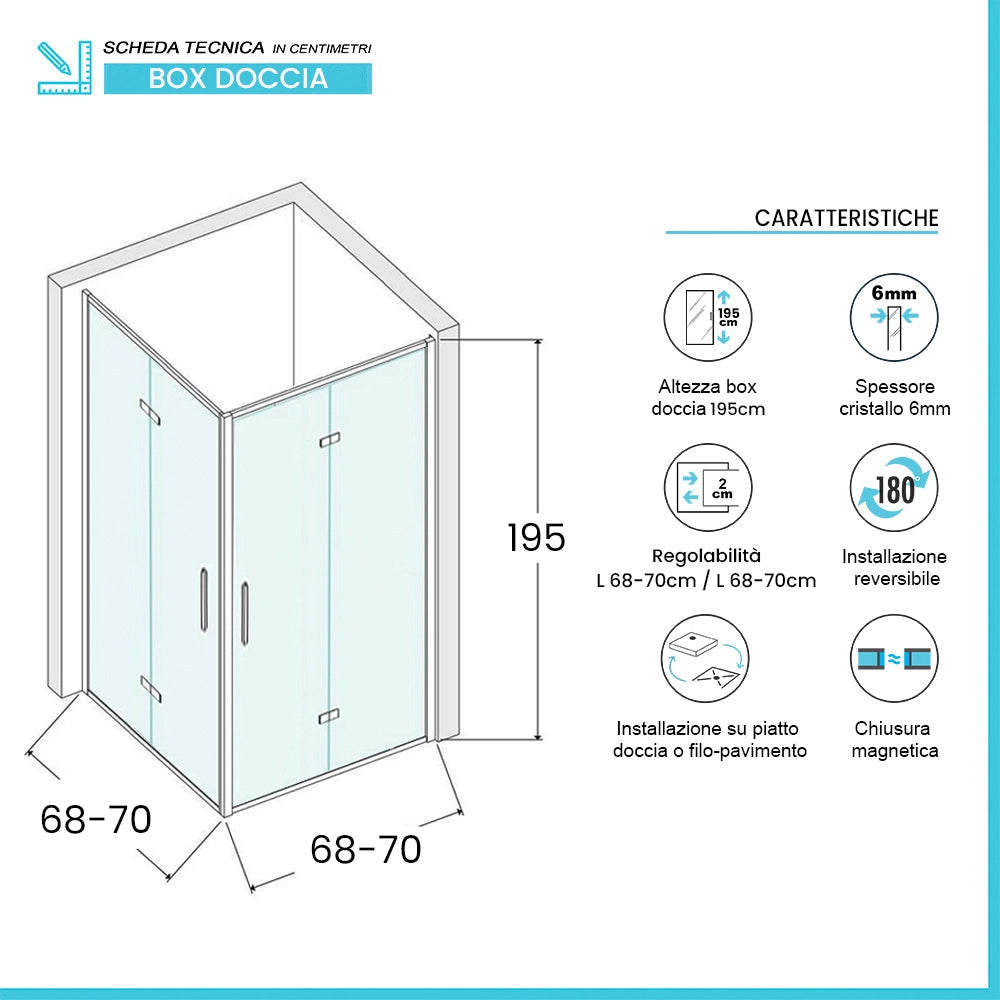 Box doccia angolare 70x70 in vetro temperato trasparente doppio soffietto con profili cromo Neos