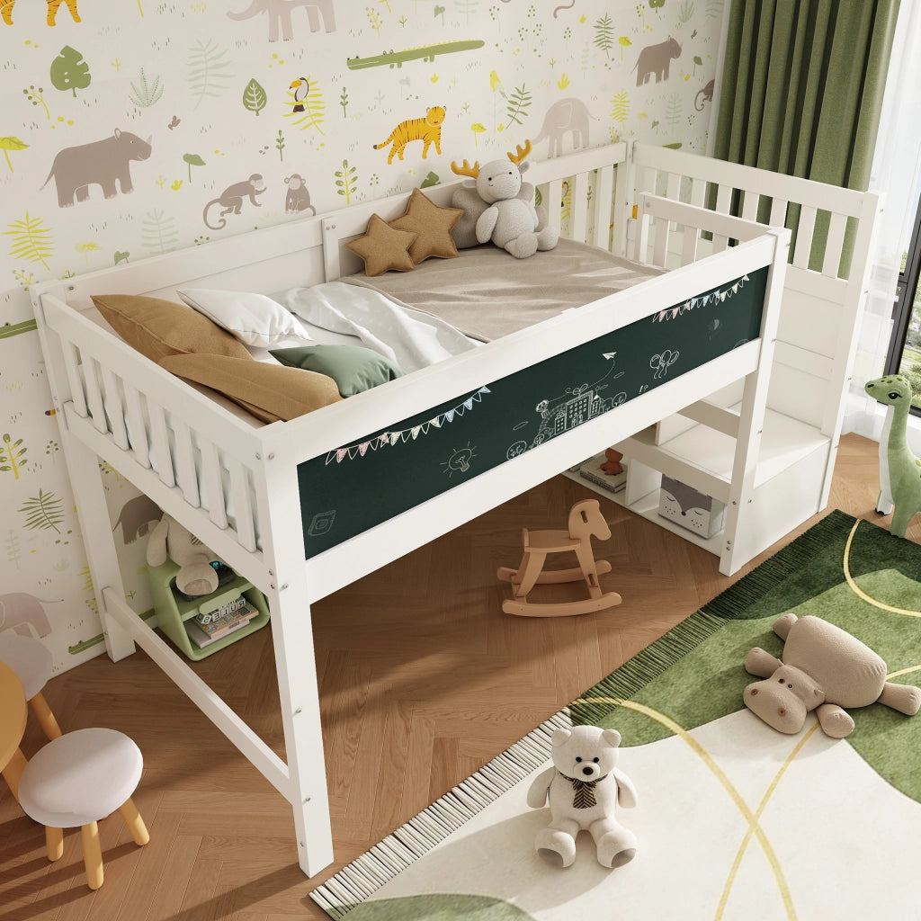 Letto a soppalco per bambini 90 x 200 cm con scala contenitore, lavagna e sponde di sicurezza, bianco