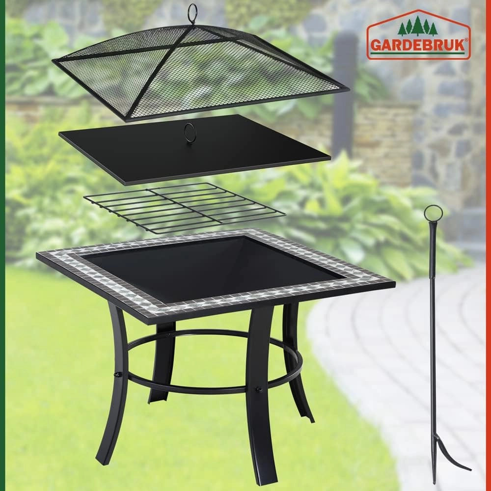 ® Braciere Quadrato da Esterno Mosaico in Acciaio 76x76cm Parascintille Camino da Giardino Stufa Caminetto Patio