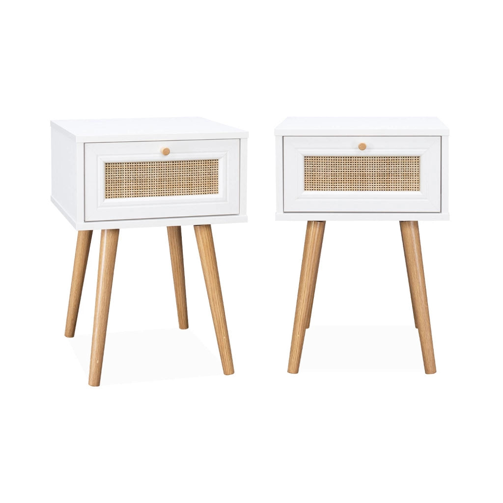 Set 2 comodini effetto legno e cannage, bianco sporco