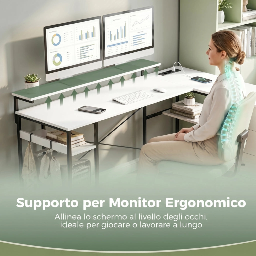 Scrivania Angolare 155x112x85,5-91,5 cm con Prese 4 Cassetti in Tessuto Rialzo Monitor e 2 Ganci Bianco e Nero