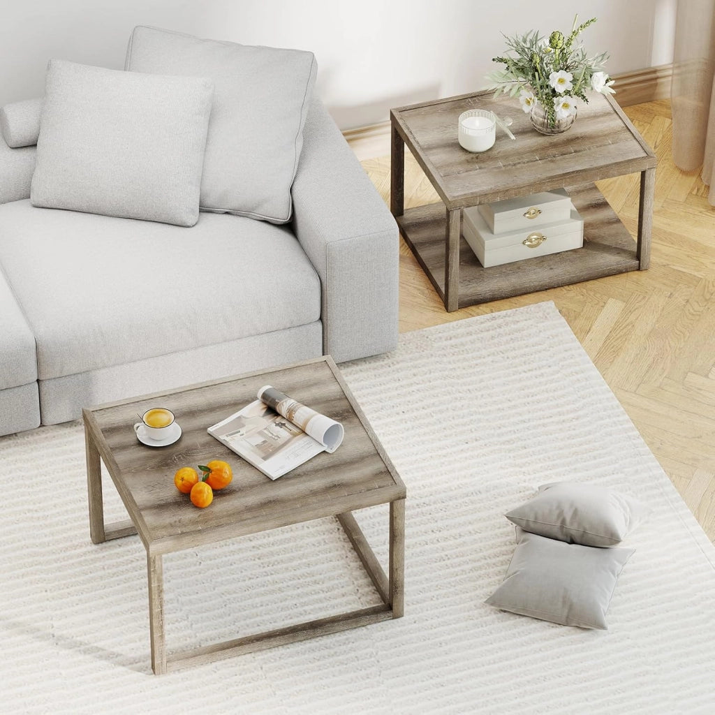 Set di 2 tavolini impilabili, rettangolari, per soggiorno, in legno, piccolo, set da 2 pezzi, in 2 misure, tavolino da caffè in legno con ripiano, grigio