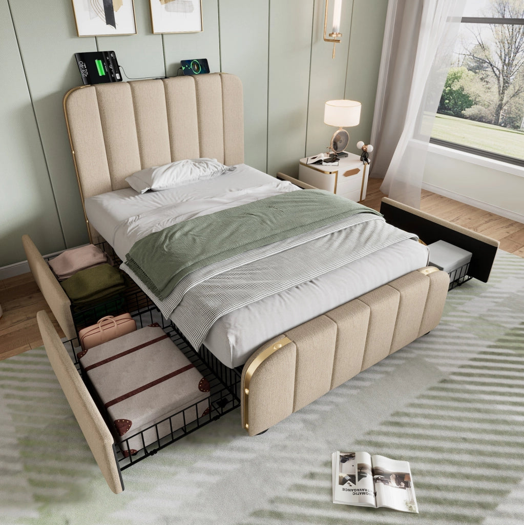 Letto singolo imbottito 90x200 cm con 4 cassetti, porta USB e Tipo C, in lino beige
