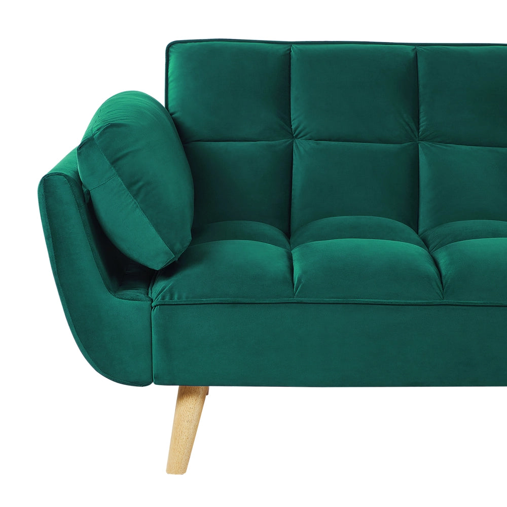 Divano Letto Tessuto Velluto Verde Gambe In Legno A 3 Posti Imbottitura In Schiuma Imbottitura Biscuit Schienale Diviso
