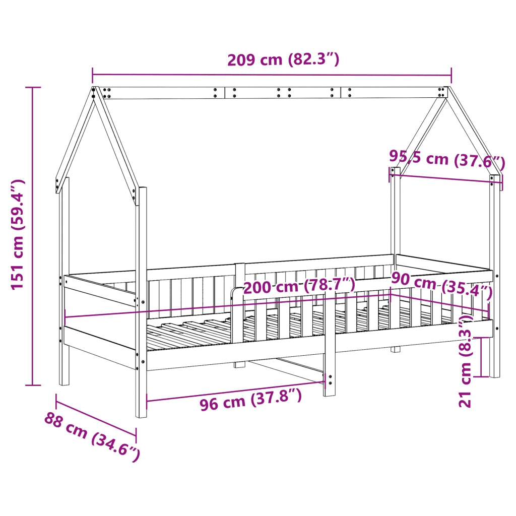 Giroletto Casetta per Bambini-Struttura Letto Bambini 90x200 cm Legno Massello di Pino 300778