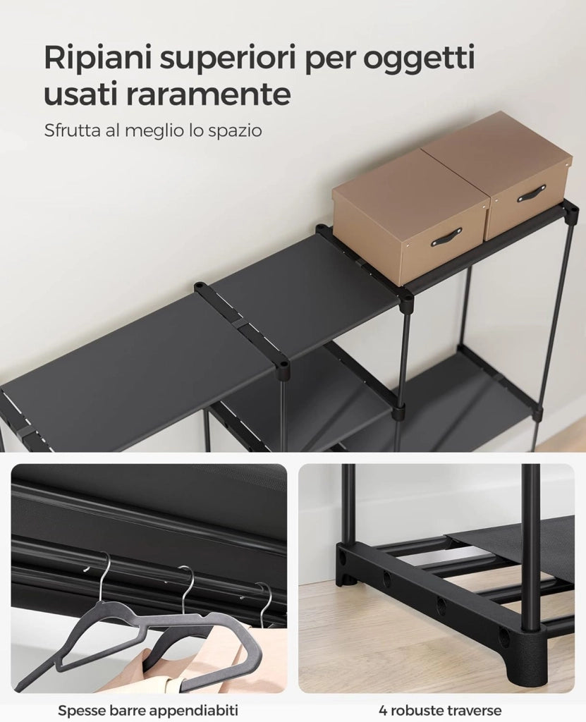 SONGMICS Armadio, Guardaroba Autoportante, con Barre Appendiabiti, Portabiti Ripiani in Tessuto, Struttura in Metallo, 182 x 43 x 182 cm, Nero Inchiostro RYG037B02