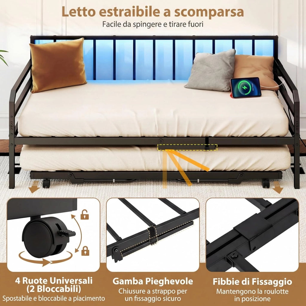 Letto Estraibile, Divano Letto Singolo con Luci LED e Stazione di Ricarica, Lettino Matrimoniale con Struttura in Metallo, 2 Pz 90x200 cm, per Soggiorno e Camera da Letto (Nero)