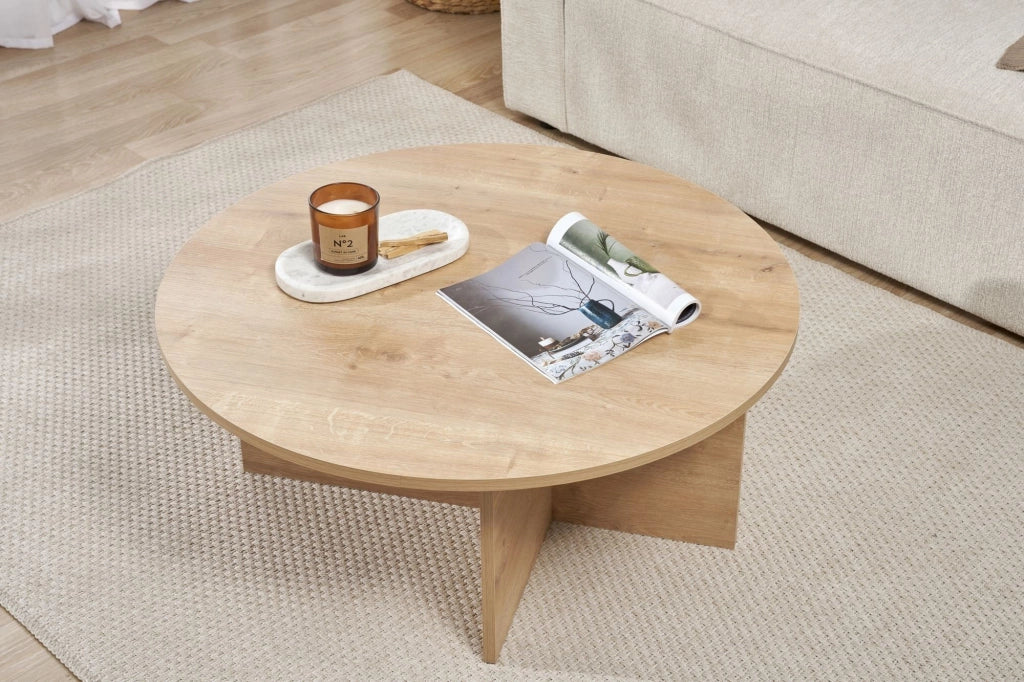 Simbario, Tavolino da Salotto Forma Rotondo, 90x90x40h cm Marrone Rovere