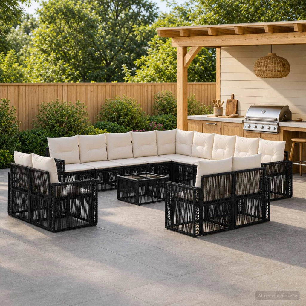 Set Divano da Giardino 14 pz Nero e Bianco Crema polyrattan 3435307