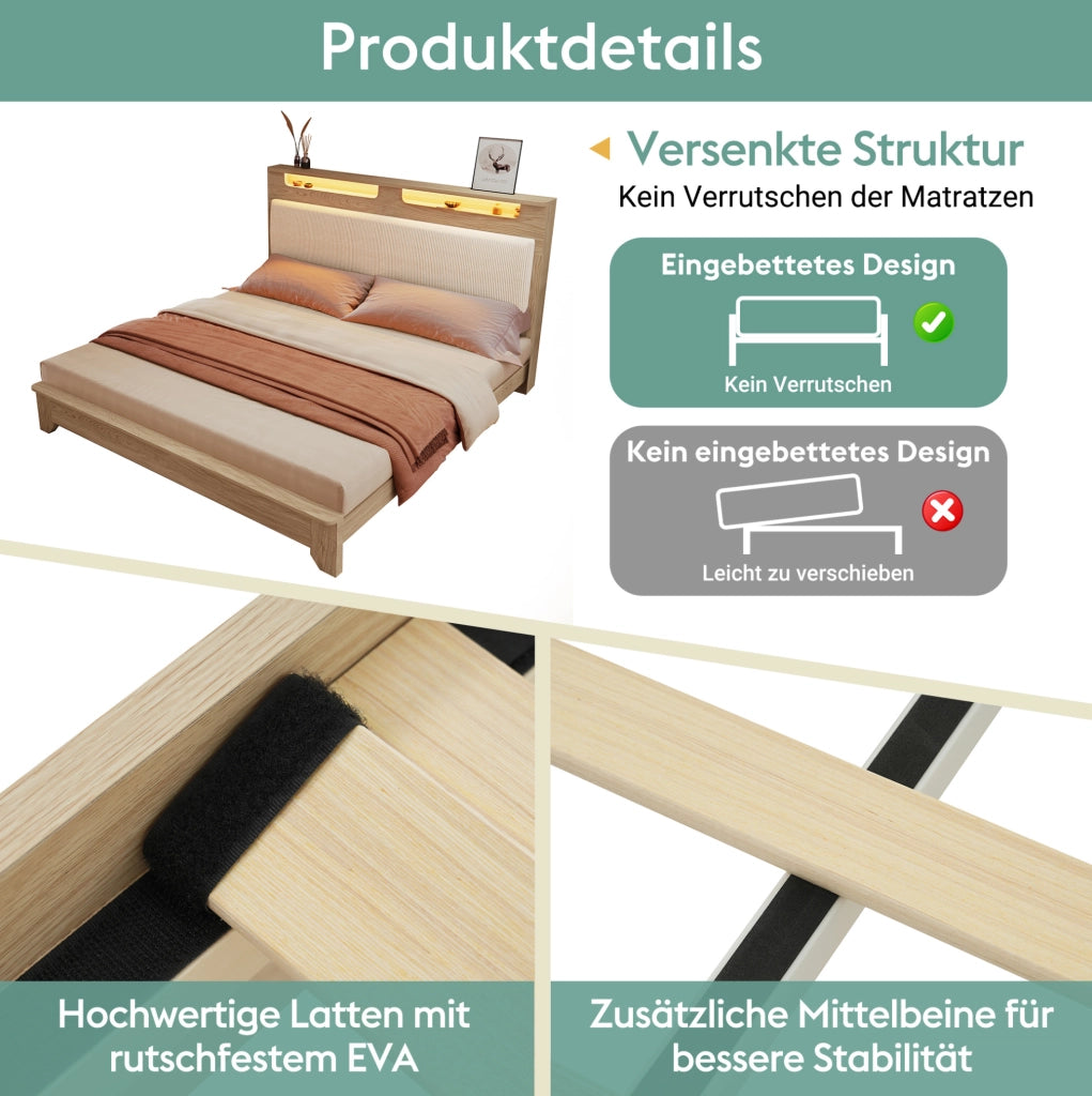 Letto matrimoniale in legno con LED e panca contenitore