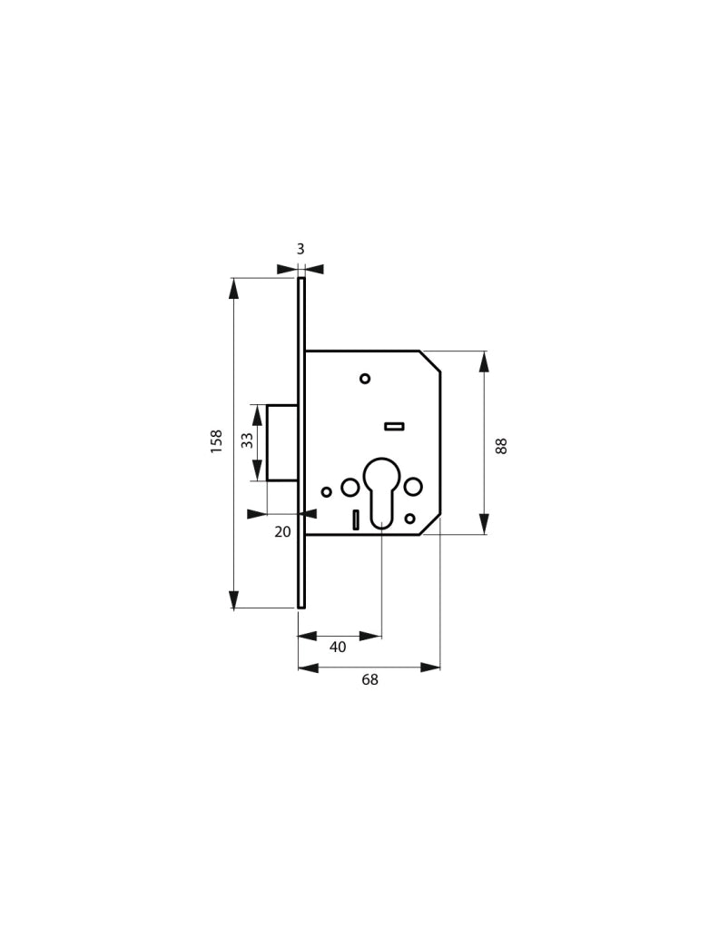 Serratura da incasso a cilindro europeo per porta d'ingresso, asse 40mm, piastra quadra, solo catenaccio - THIRARD