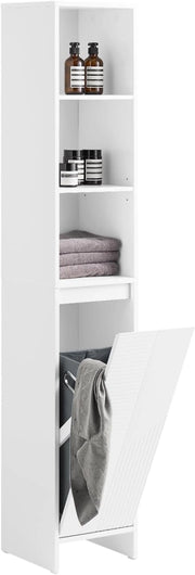 Mobile Bagno Salvaspazio con Cesto Portabiancheria – Armadietto Bagno Alto e Stretto in MDF Bianco con Ripiani Regolabili e Antiribaltamento Mobile Lavanderia 30x170x30 cm BZR158-W