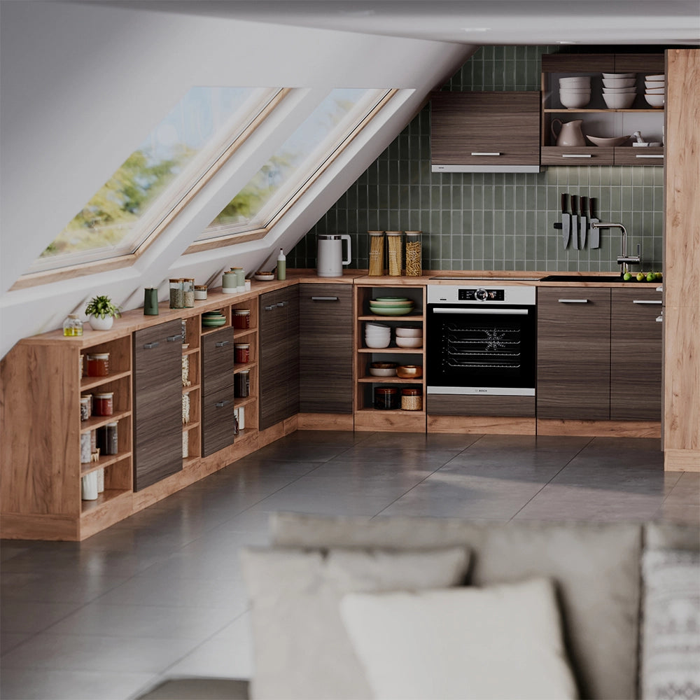 Mobile cucina sottotetto R-Line Grigio nobile/Rovere dorato 120 cm Set di 2 carcasse armadio profondità 60 cm Vicco
