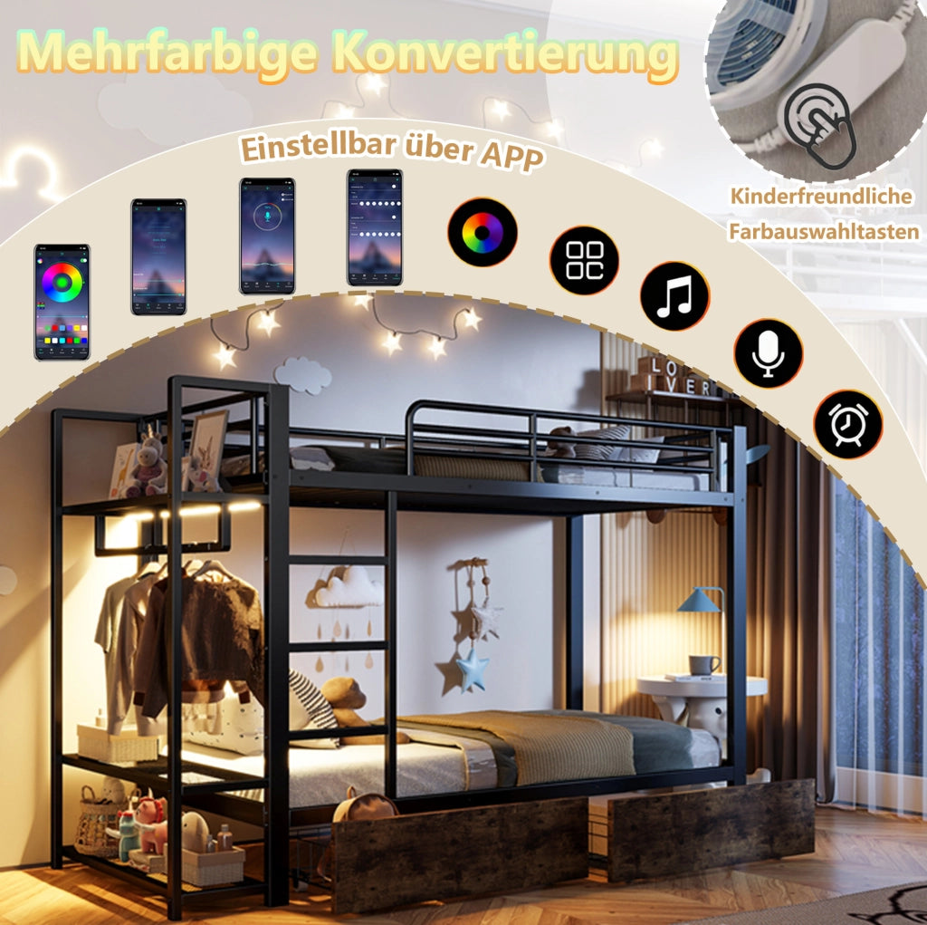 Letto a castello 90x200 cm con LED, cassetti e ripiani