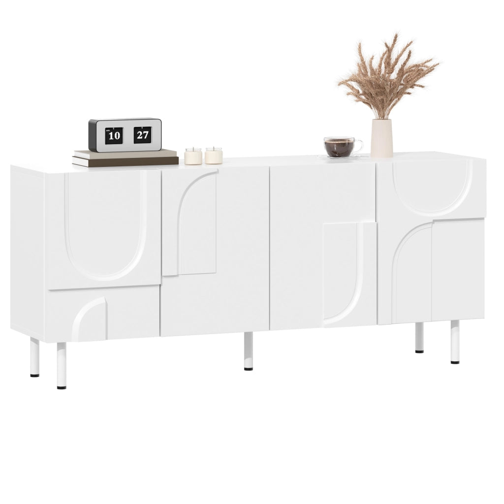 Credenza con 4 Ante e Piedini in Metallo; Design Geometrico Moderno con Curve Irregolari; in MDF e Pannello Truciolare; Bianca