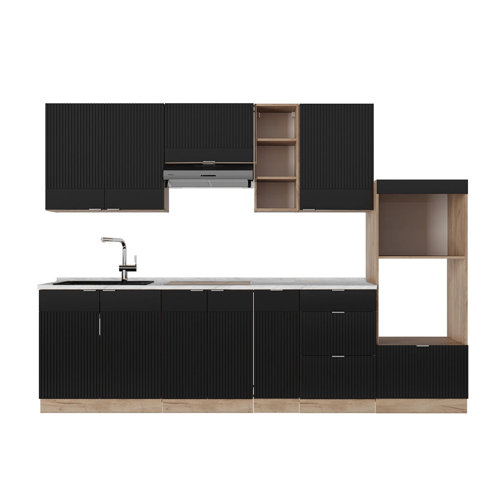 Cucina componibile Fame-Line Nero rigato/Rovere dorato 280 cm, PL Marmo Vicco