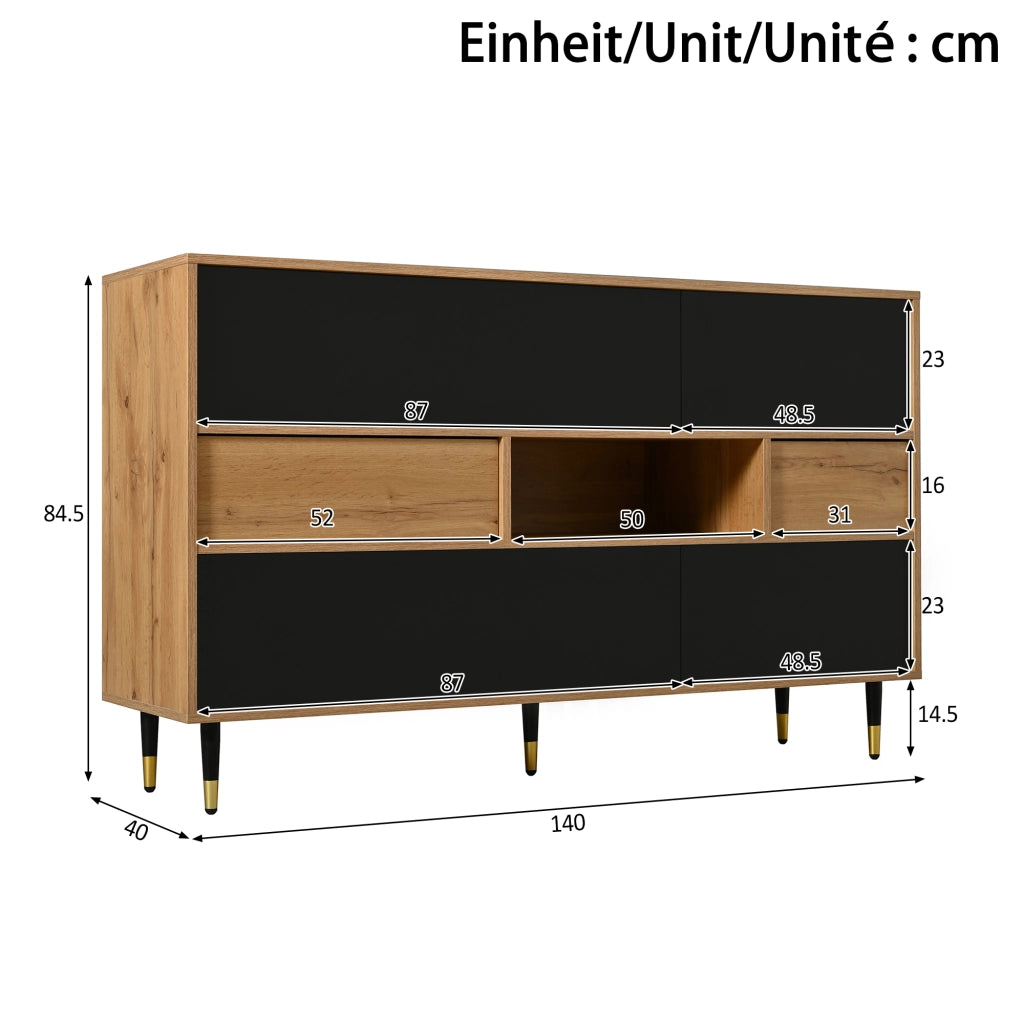 Credenza e madia con 2 cassetti, vano aperto e ante ribaltabili per soggiorno, nero naturale, 140 × 40 × 84,5 cm