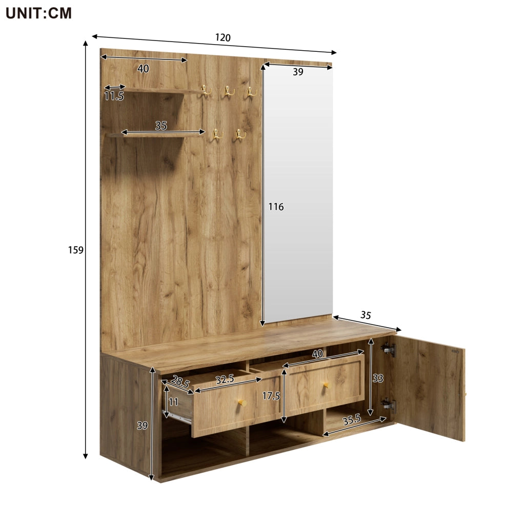 Guardaroba ingresso 120x35x159 cm con specchio; 5 ganci e 2 cassetti; effetto legno naturale