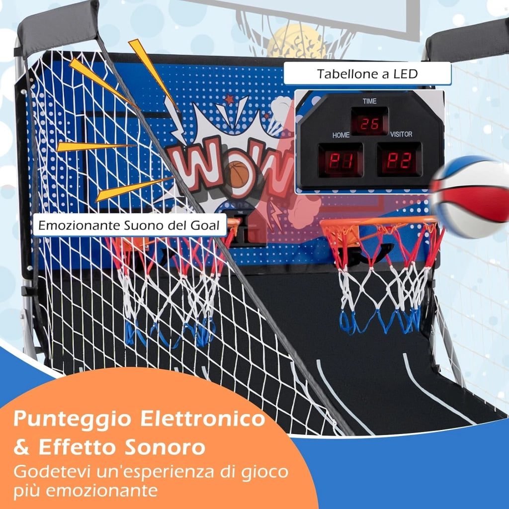 Macchina da Pallacanestro Elettronica, Canestro Basket da Camera a Doppio Tiro Pieghevole con Punteggio Elettronico, 4 Palle, 8 Modalità di Gioco e 2 Canestri (Blu 2)