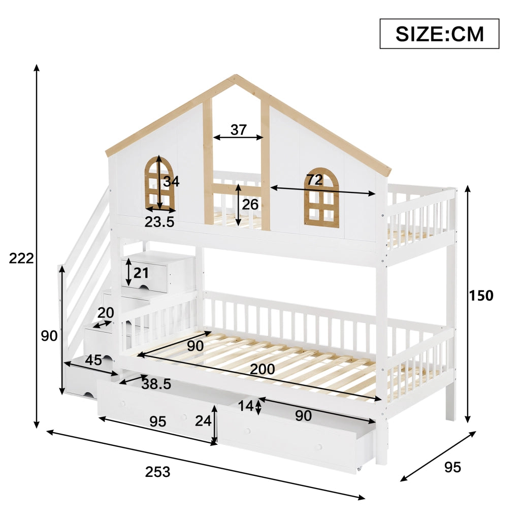 DESMIU Letto a castello bambino 90 × 200 cm con finestre, scala contenitore, 2 cassetti, senza materasso