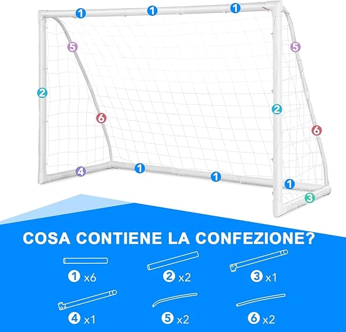 Porto per Calcio per Bambini, Rete da Calcio Resistente alle Intemperie e Telaio in UPVC con Pali di Fissaggio e Coni da Calcio per Allenamenti in Cortile