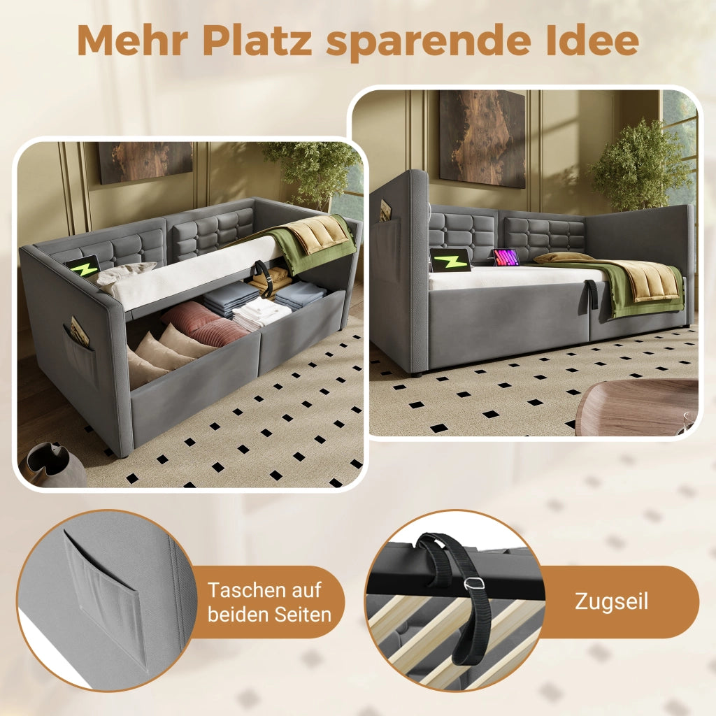 Sofabett con funzione letto velluto grigio 90x190 cm