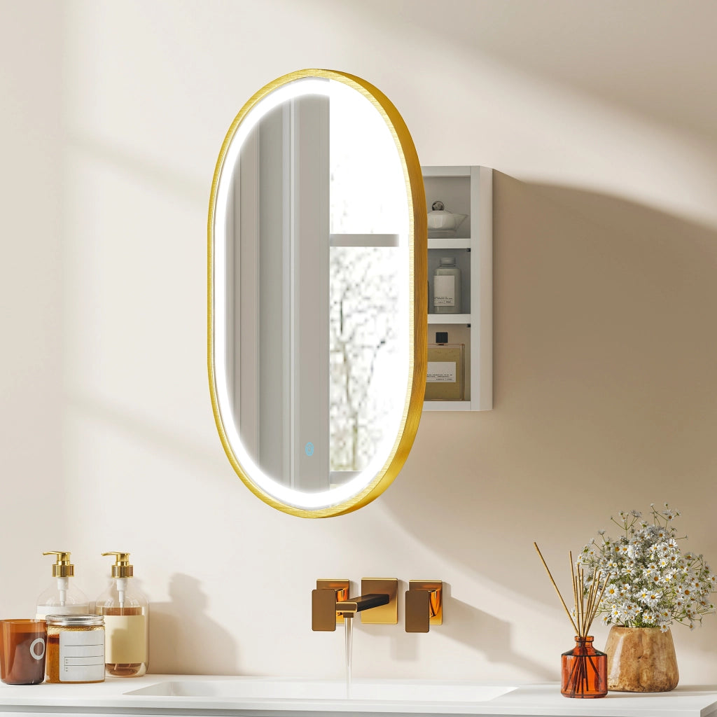 Armadietto da Bagno con Specchio e LED ¨C zephmum ¨C Dorato 50x14.5x70cm